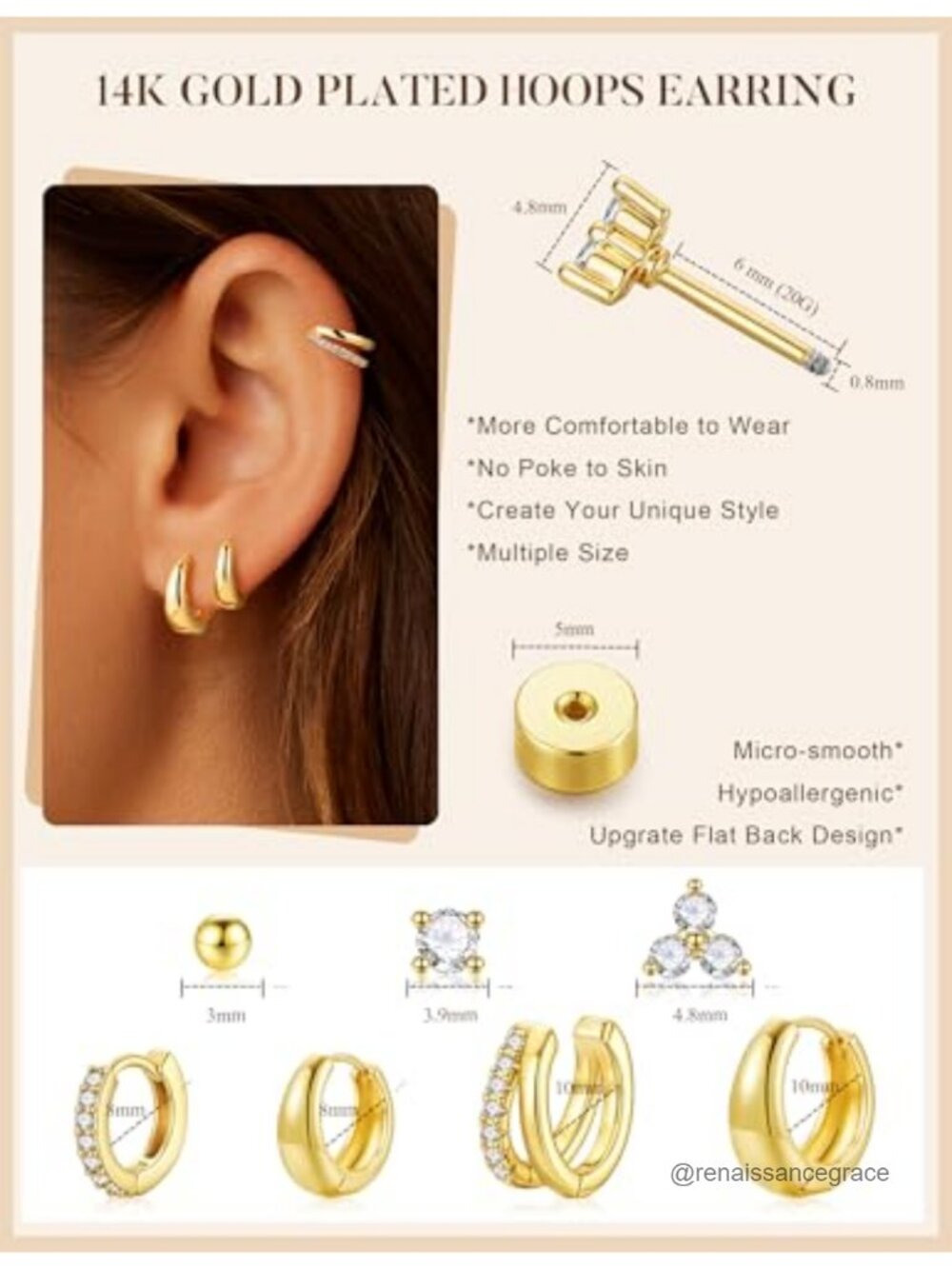 7 Pair Gold Plated Hypoallergenic Earring Set with CZ Studs and Huggies